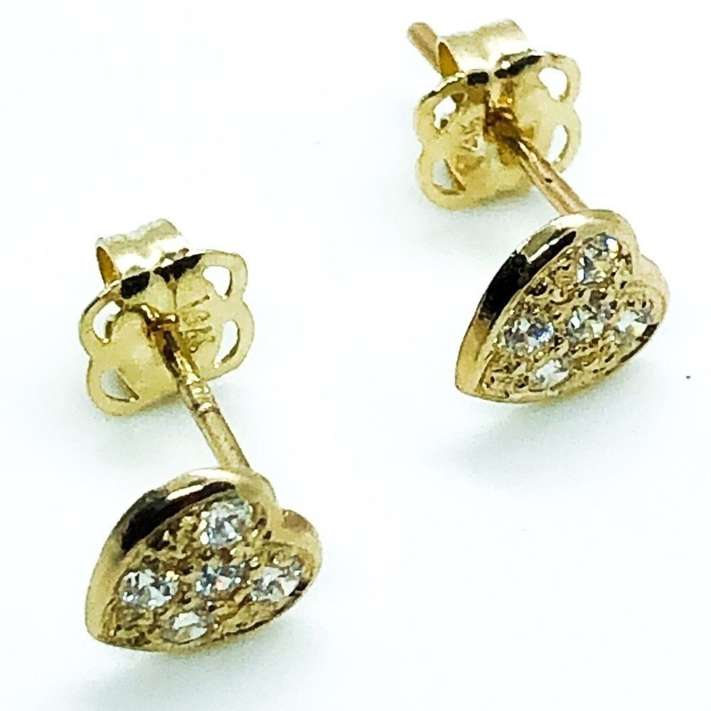 14K Gold Stylish Heart Round CZ Earrings, Studs